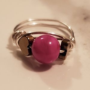 Pink Agate Pyrite Heart Silver Wire Wrapped Ring